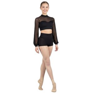 Top in Rete Trasparente con Maniche Ampie ed Elegante Collo Alto – vista frontale