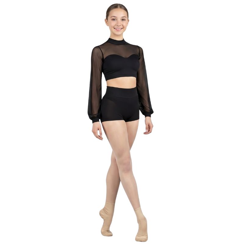 Top in Rete Trasparente con Maniche Ampie ed Elegante Collo Alto – vista frontale