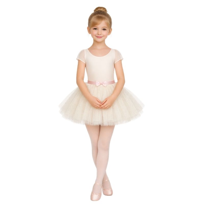 Costume danza bambina a tema confetto con fiocco e gonna a balze – vista frontale