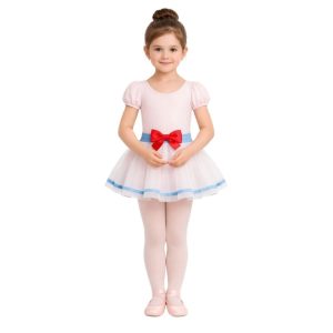 Costume danza a tema bambola con fiocco e gonna a balze – vista frontale