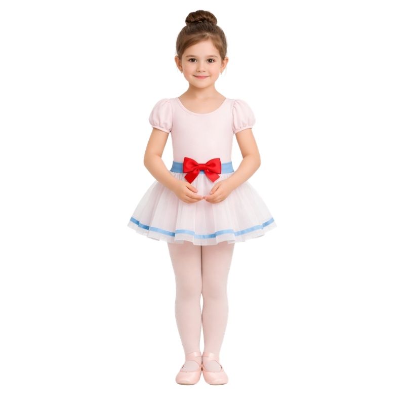 Costume danza a tema bambola con fiocco e gonna a balze – vista frontale