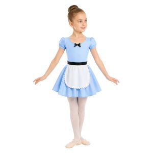 Costume danza a tema Alice con grembiule e fiocco decorativo – vista frontale