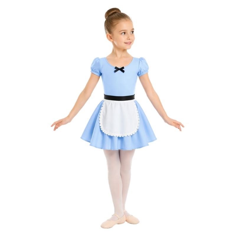 Costume danza a tema Alice con grembiule e fiocco decorativo – vista frontale