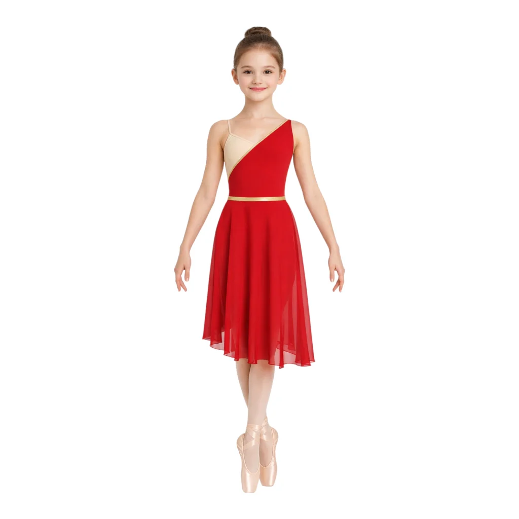 Costume da scena monospalla con gonna fluida – vista frontale