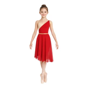 Costume da scena monospalla con gonna fluida – vista frontale