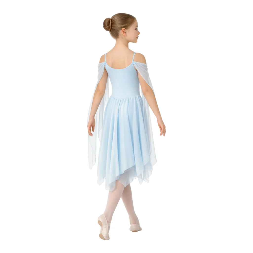 Abito da balletto con spalle drappeggiate e gonna asimmetrica – vista posteriore