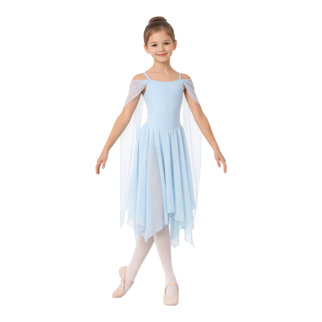 Abito da balletto con spalle drappeggiate e gonna asimmetrica – vista frontale