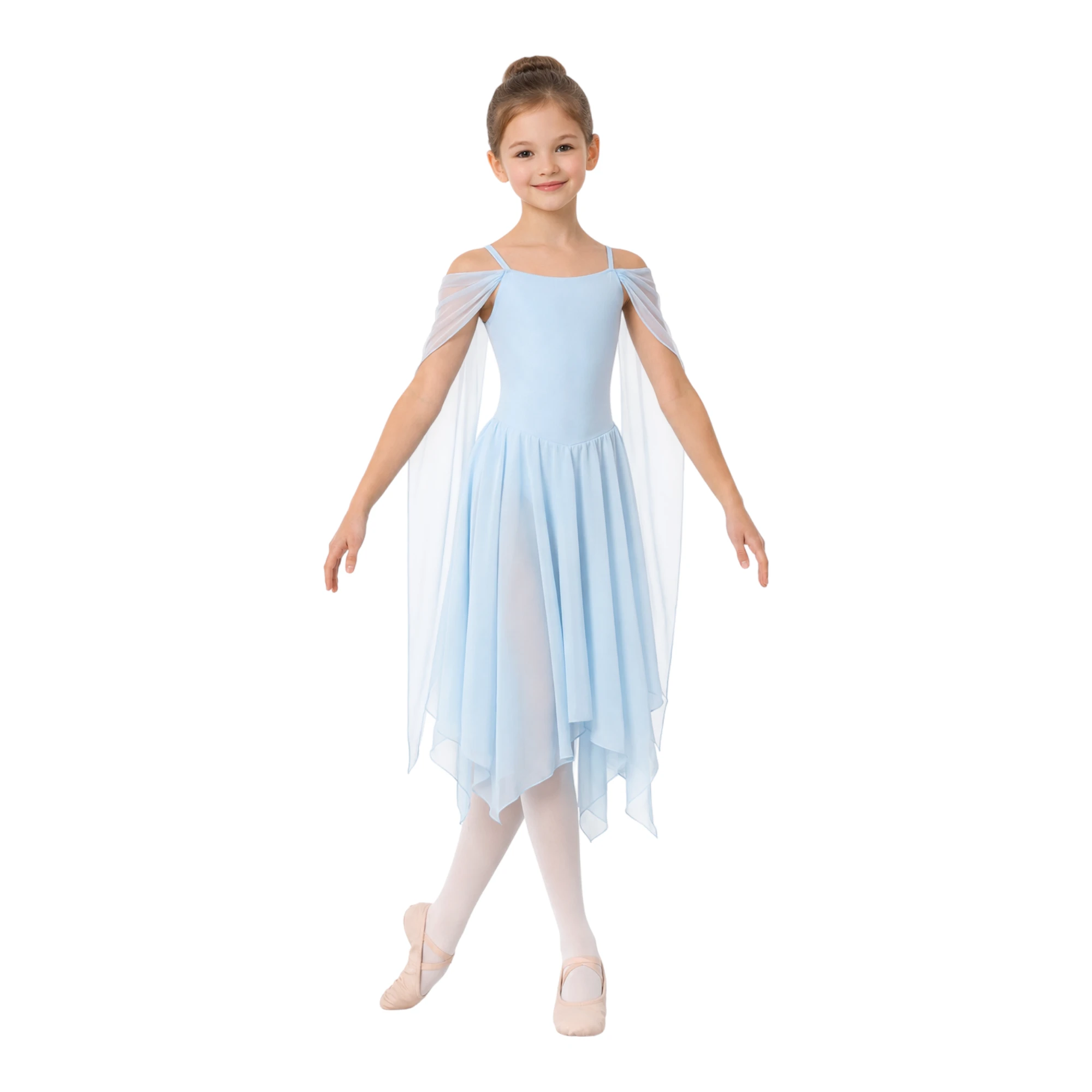 Abito da balletto con spalle drappeggiate e gonna asimmetrica – vista frontale