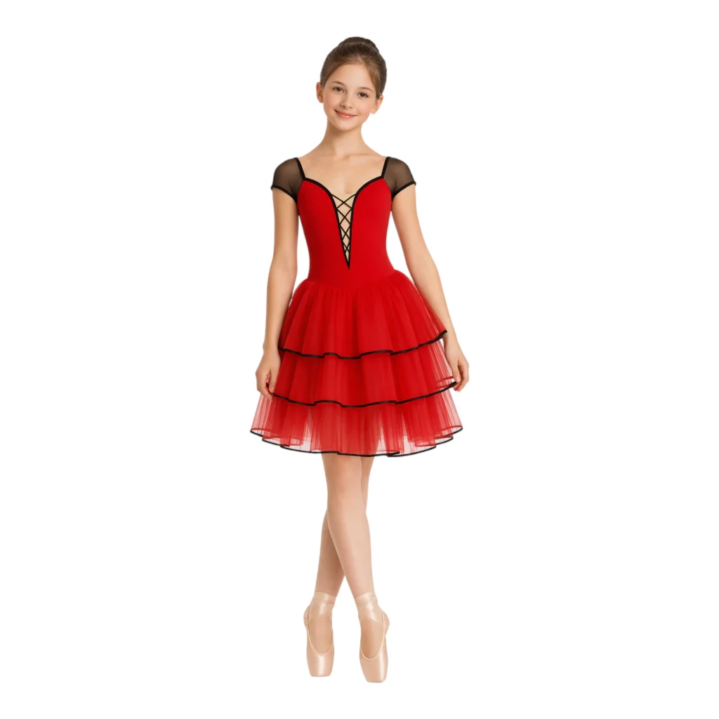 Costume da scena con corpetto decorato e gonna a balze – vista frontale