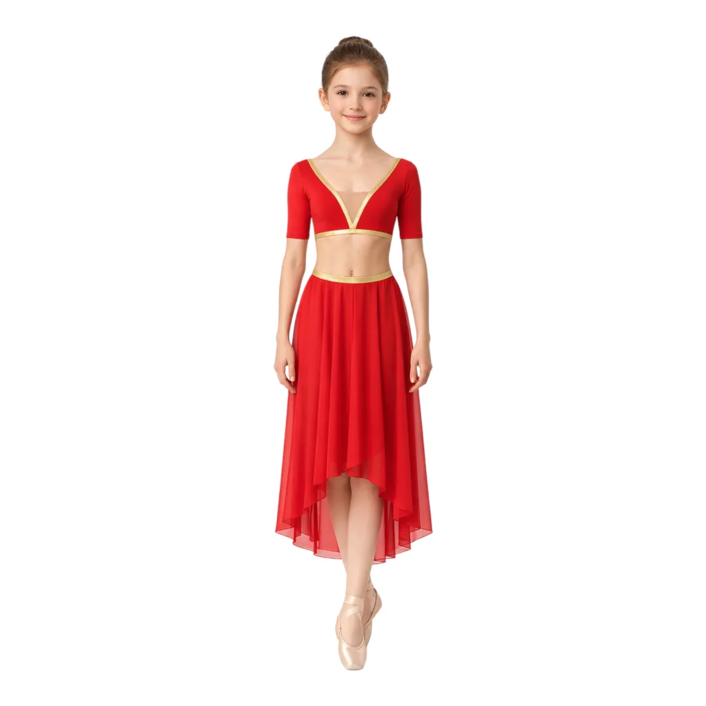 Costume da scena con corpino incrociato e gonna asimmetrica – vista frontale