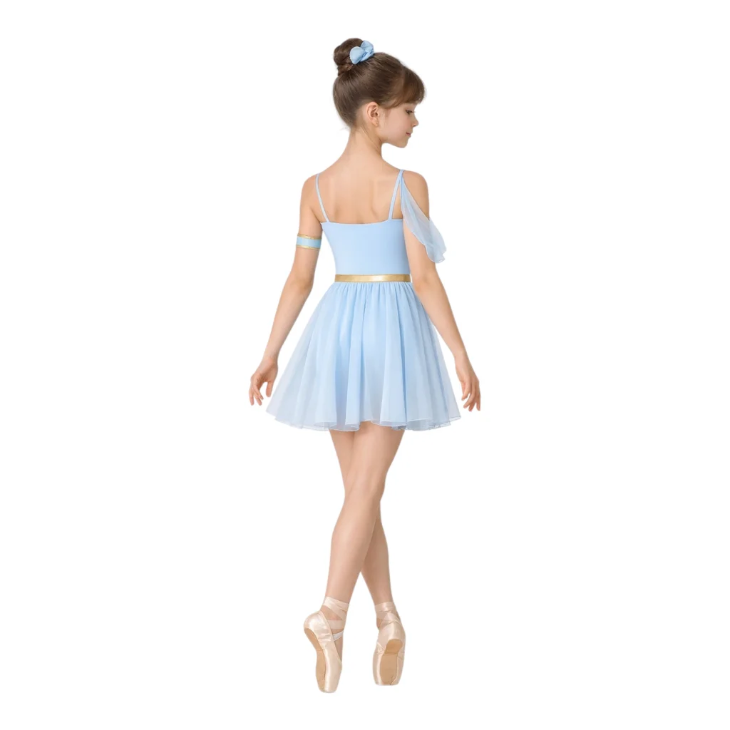 Costume da scena con dettaglio monospalla in chiffon e gonna plissettata – vista posteriore