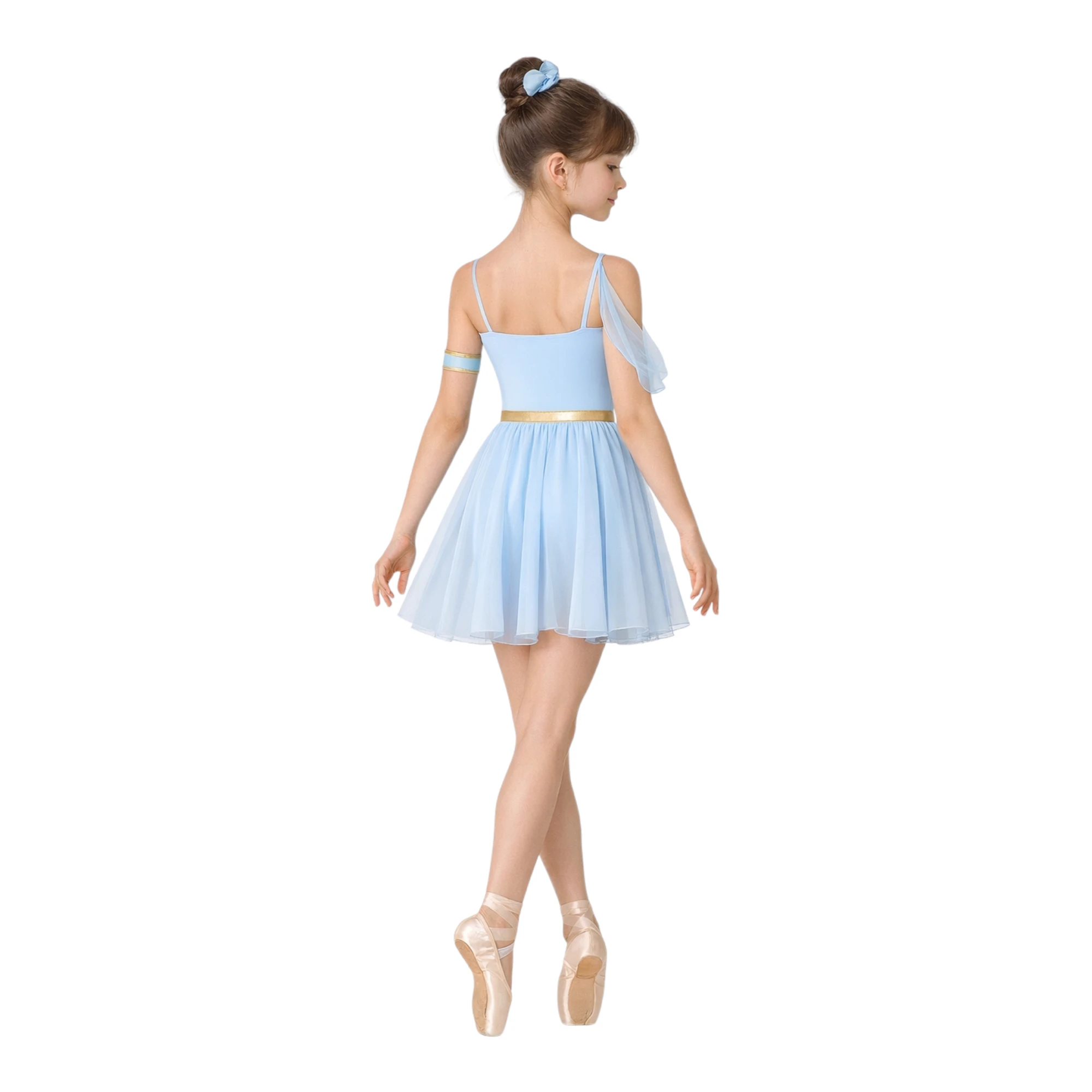 Costume da scena con dettaglio monospalla in chiffon e gonna plissettata – vista posteriore