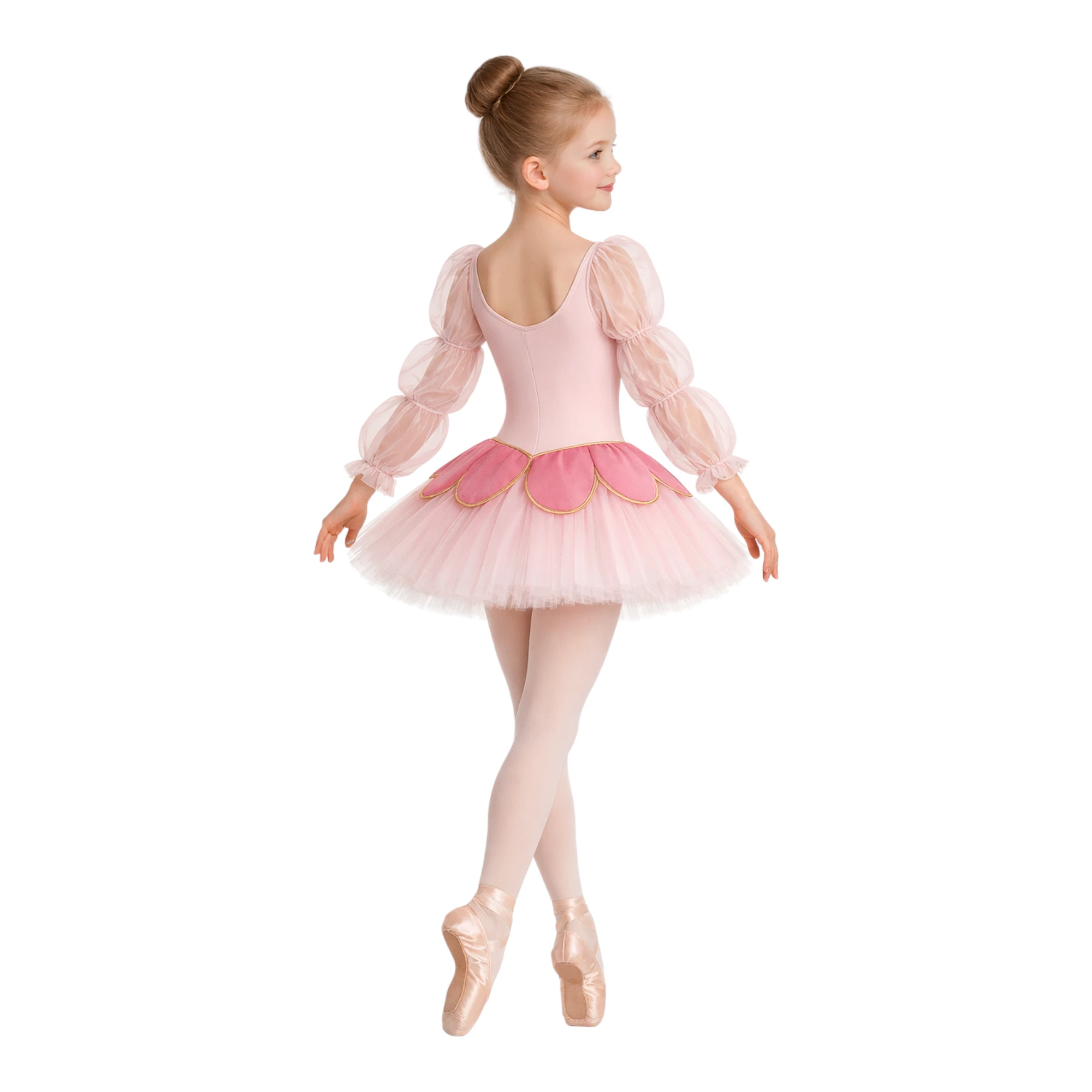 Tutù corto con maniche lunghe in tulle e balze decorative – vista posteriore