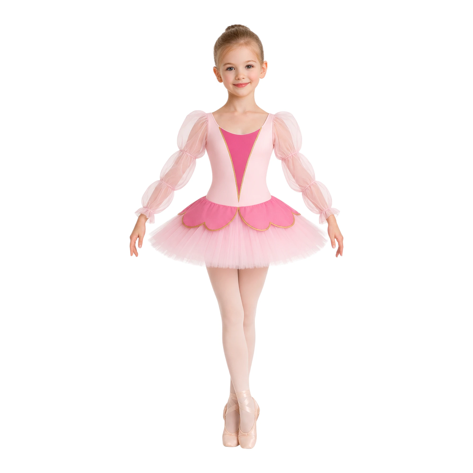 Tutù corto con maniche lunghe in tulle e balze decorative – vista frontale
