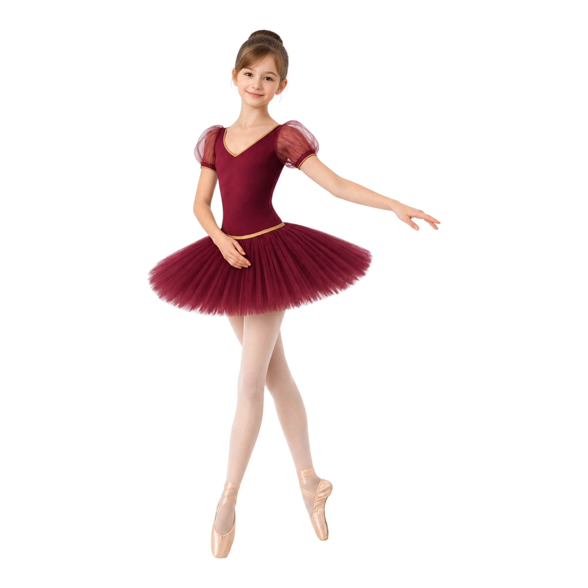 Tutù Corto con Maniche in Tulle e Gonna Strutturata | TUM012 – Bordeaux.Oro-Lycra