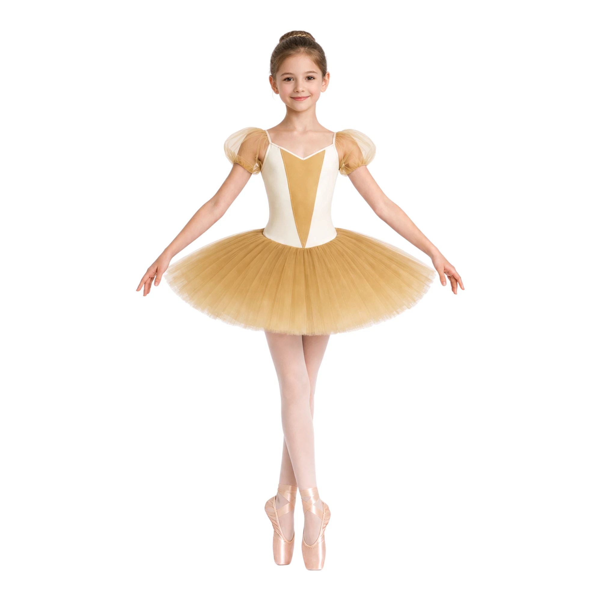 Tutù Corto con Maniche in Tulle e Corpino a Corsetto | TUM017 – Avorio.Oro-Lycra