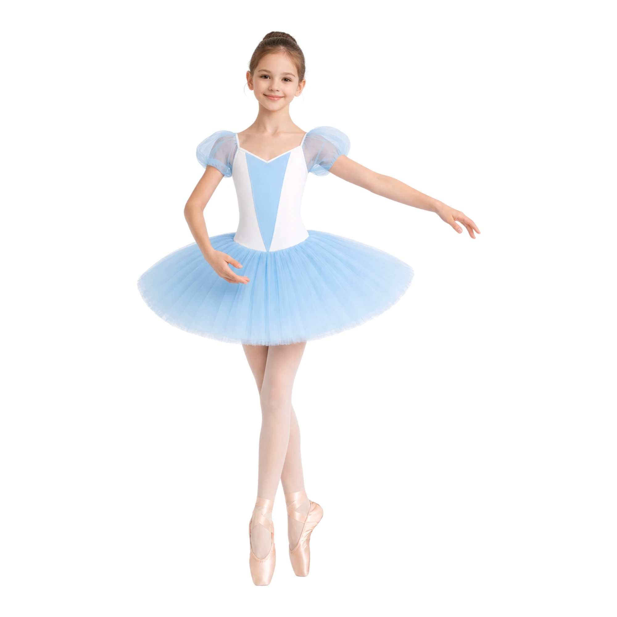 Tutù Corto con Maniche in Tulle e Corpino a Corsetto | TUM017 – Bianco.Azzurro-Lycra
