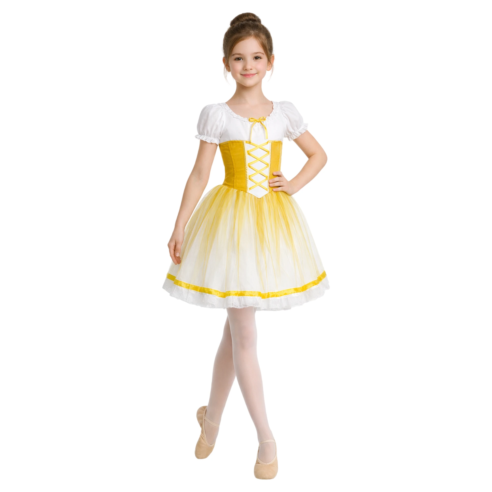 Costume con Corpino Allacciato e Gonna in Tulle – Bianco.Giallo-Lycra – vista frontale