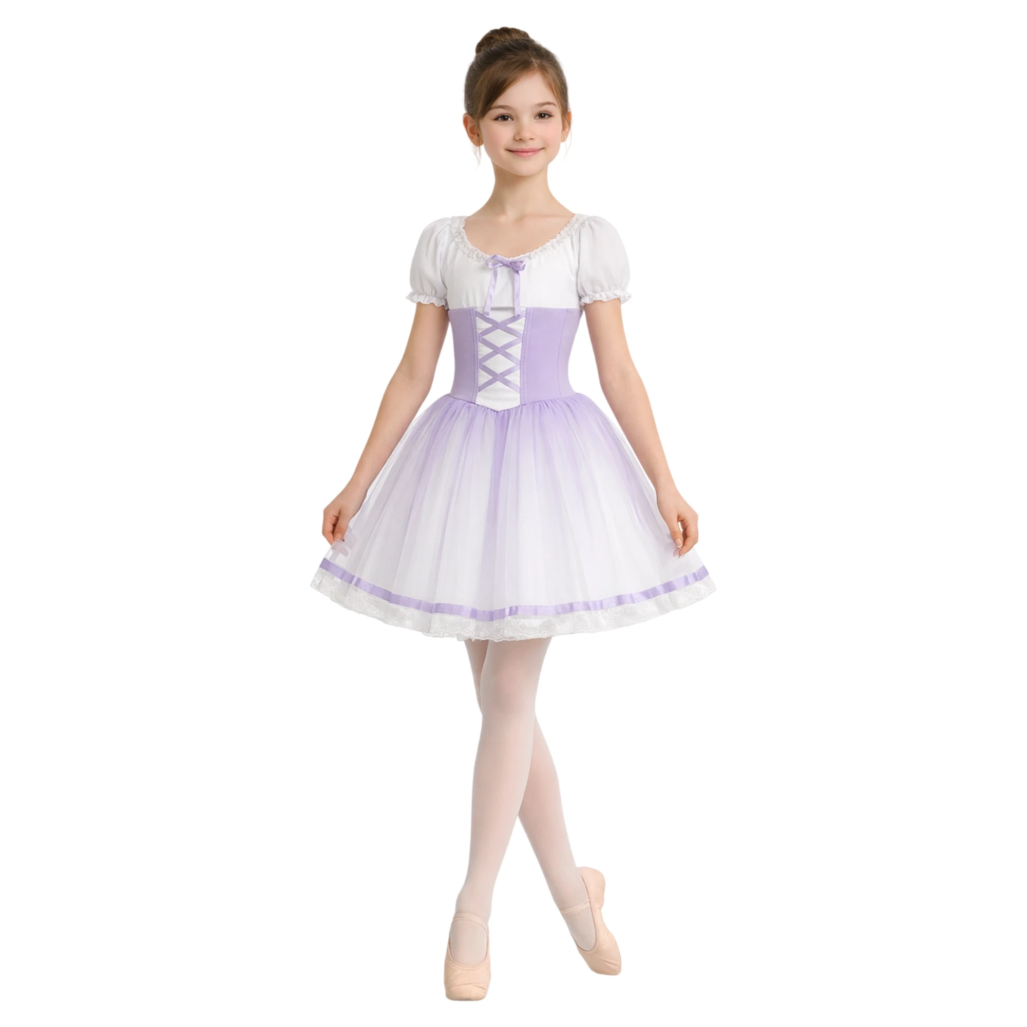 Costume con Corpino Allacciato e Gonna in Tulle – Bianco.Lilla-Lycra – vista frontale
