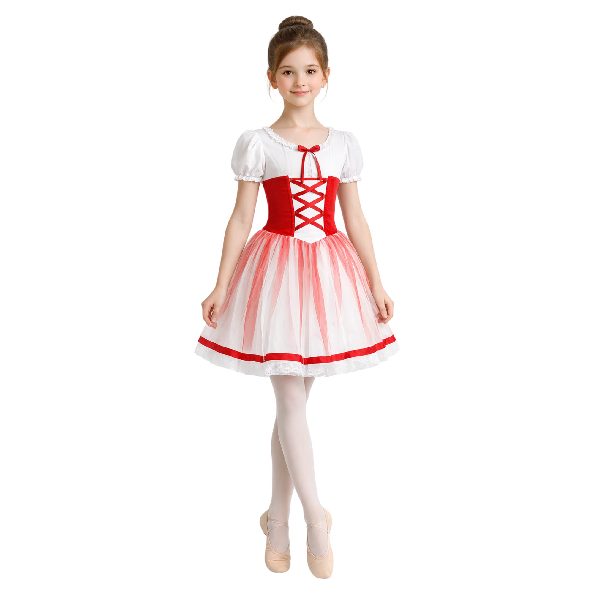 Costume con Corpino Allacciato e Gonna in Tulle – Bianco.Rosso-Lycra – vista frontale
