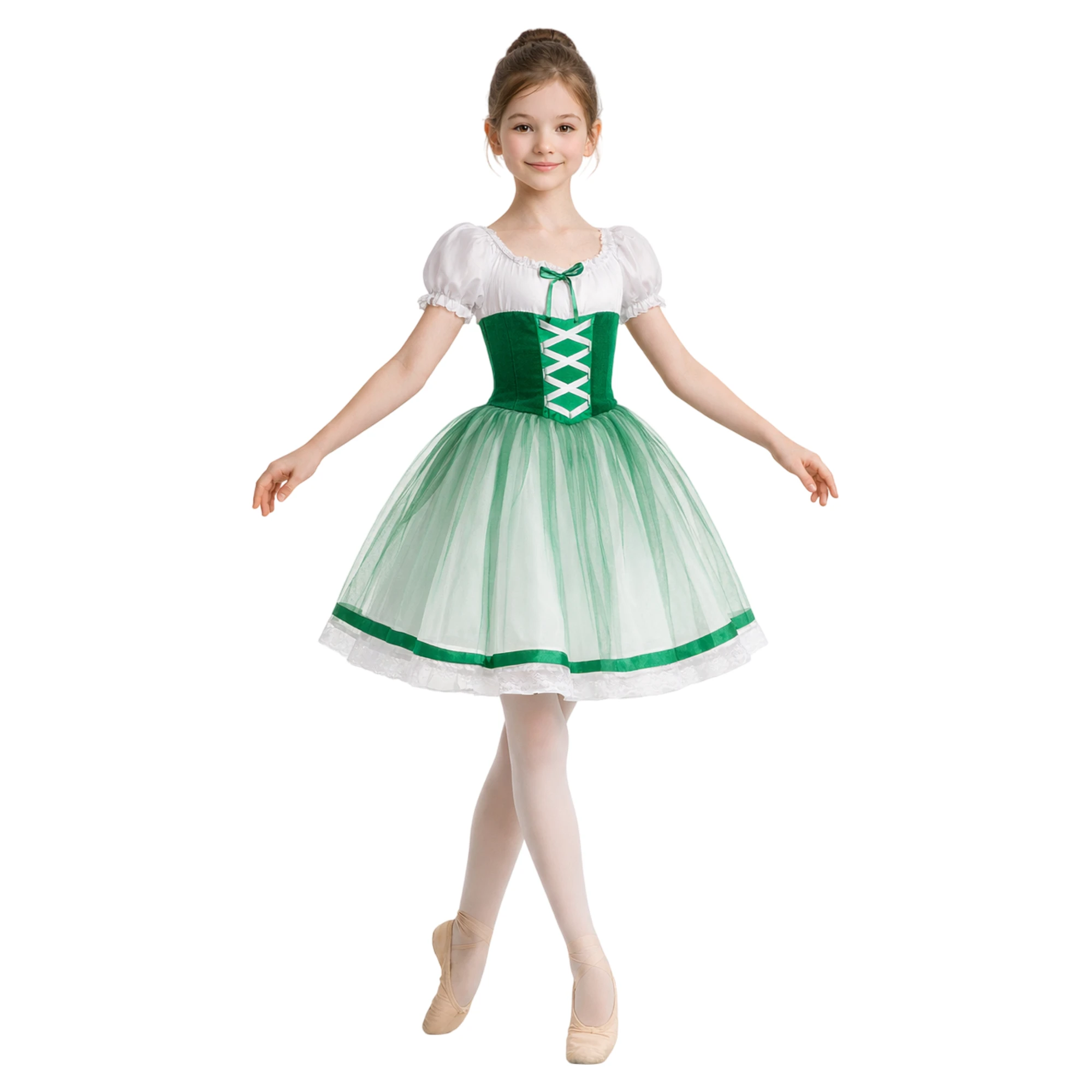 Costume con Corpino Allacciato e Gonna in Tulle – Bianco.Smeraldo-Lycra – vista frontale