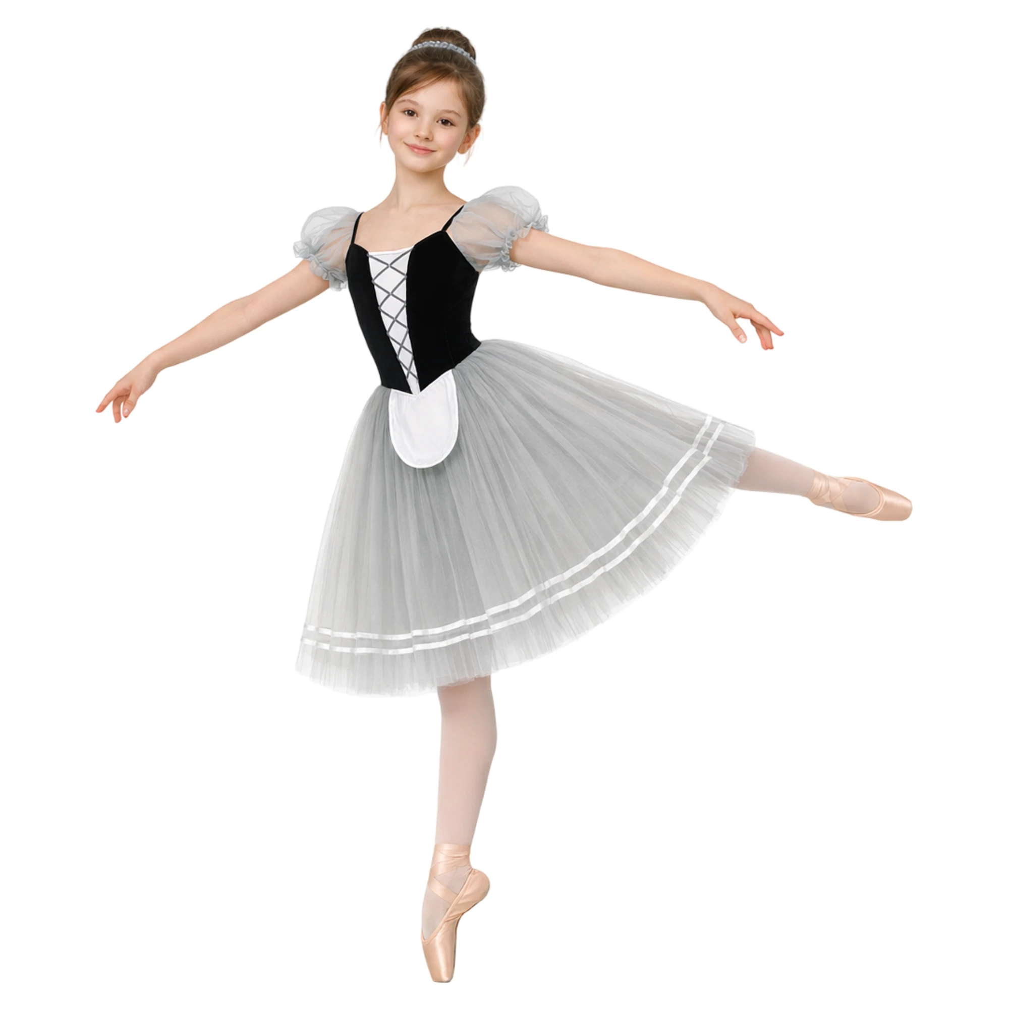Costume con Grembiule e Maniche a Sbuffo – Nero.Grigio Vapore.Bianco-Lycra – vista frontale