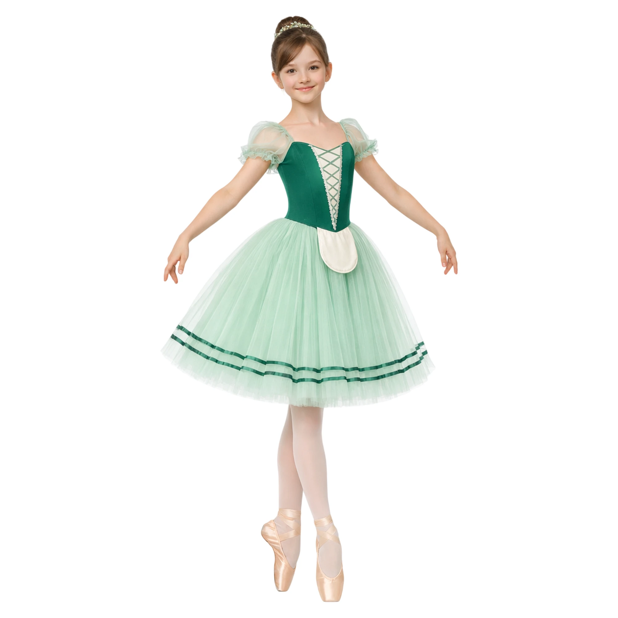 Costume con Grembiule e Maniche a Sbuffo – Smeraldo.Verde Mentos.Avorio-Lycra – vista frontale