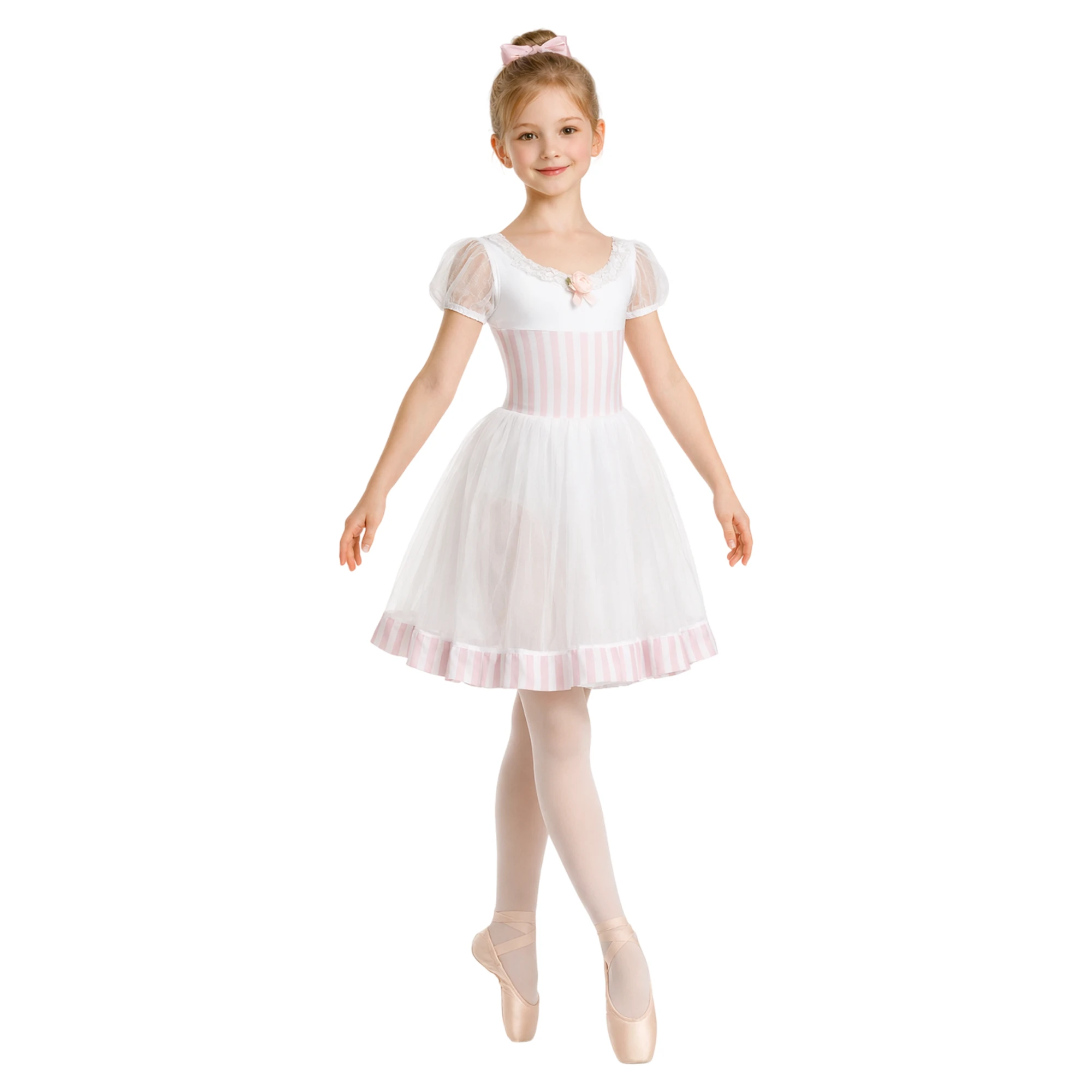 Costume da Balletto con Gonna a Strati e Maniche a Sbuffo – Bianco-Rosa – vista frontale