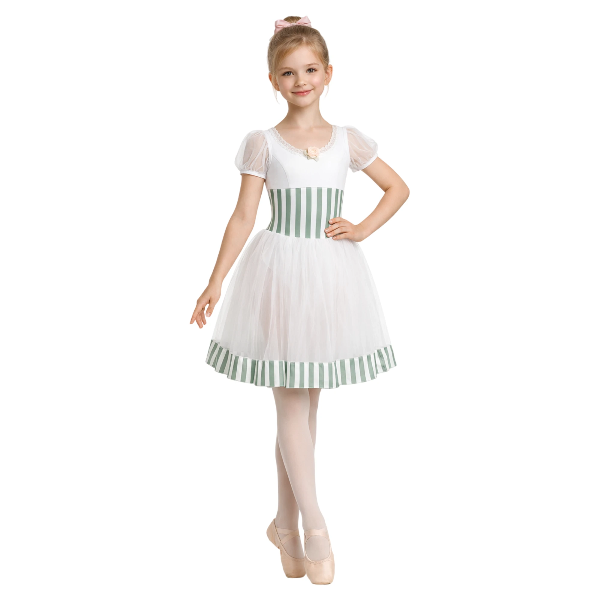 Costume da Balletto con Gonna a Strati e Maniche a Sbuffo – Bianco-Verde – vista frontale