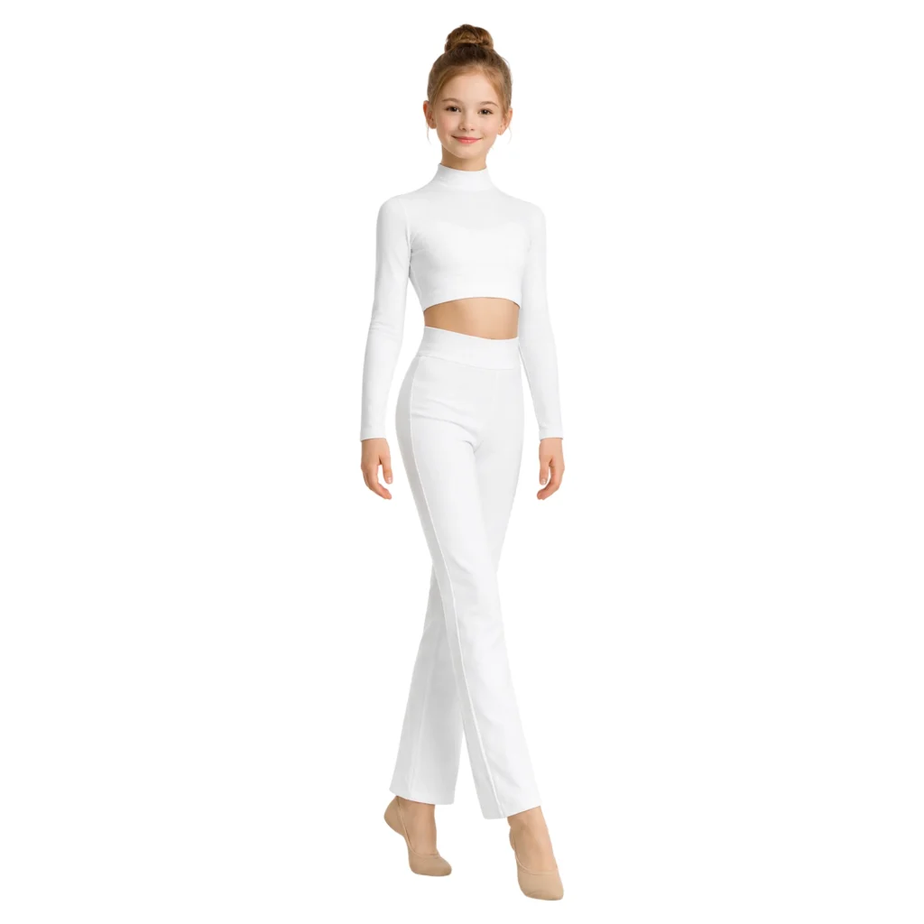 Pantaloni da Danza a Vita Alta e Gamba Ampia – Bianco-Lycra – vista frontale