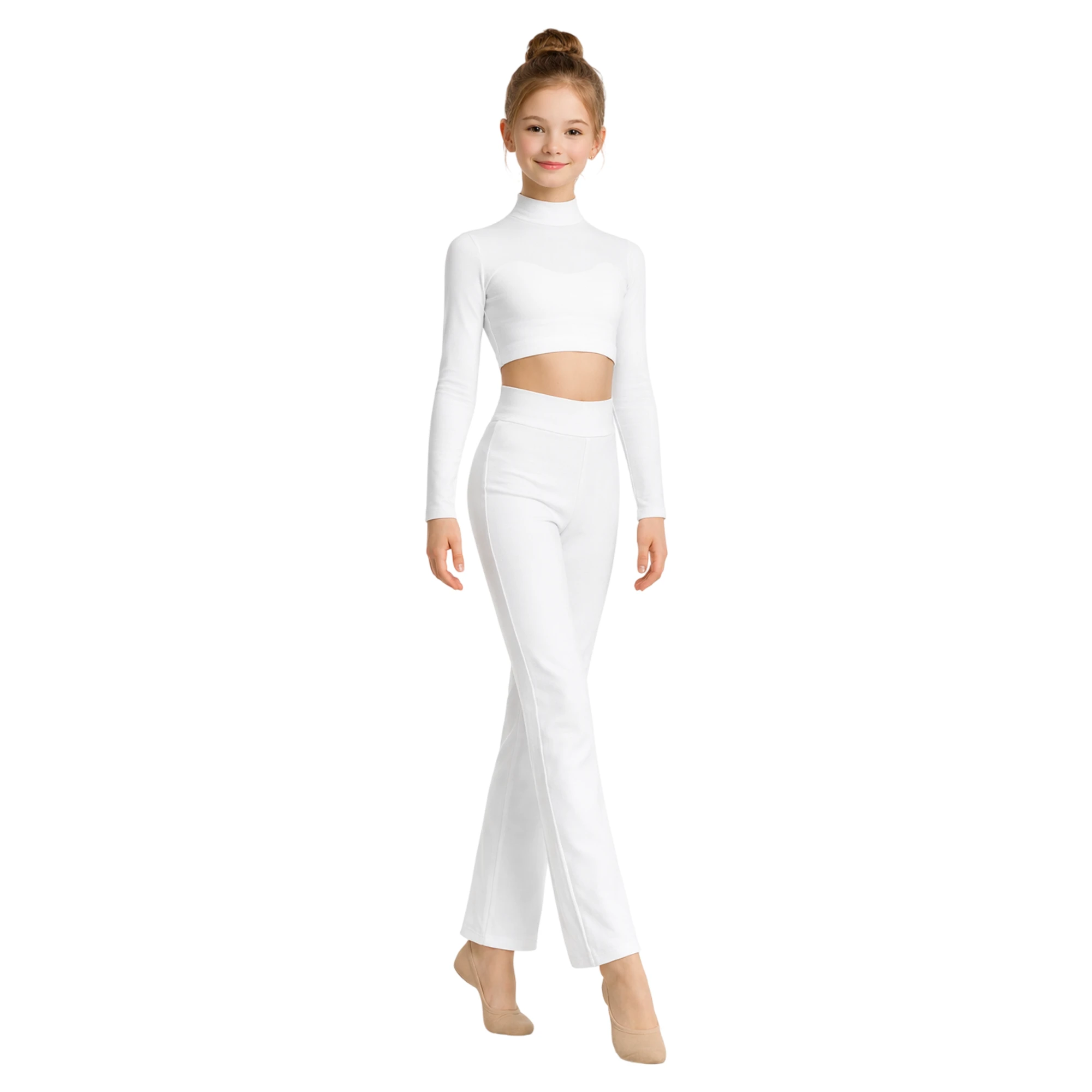 Pantaloni da Danza a Vita Alta e Gamba Ampia – Bianco-Lycra – vista frontale