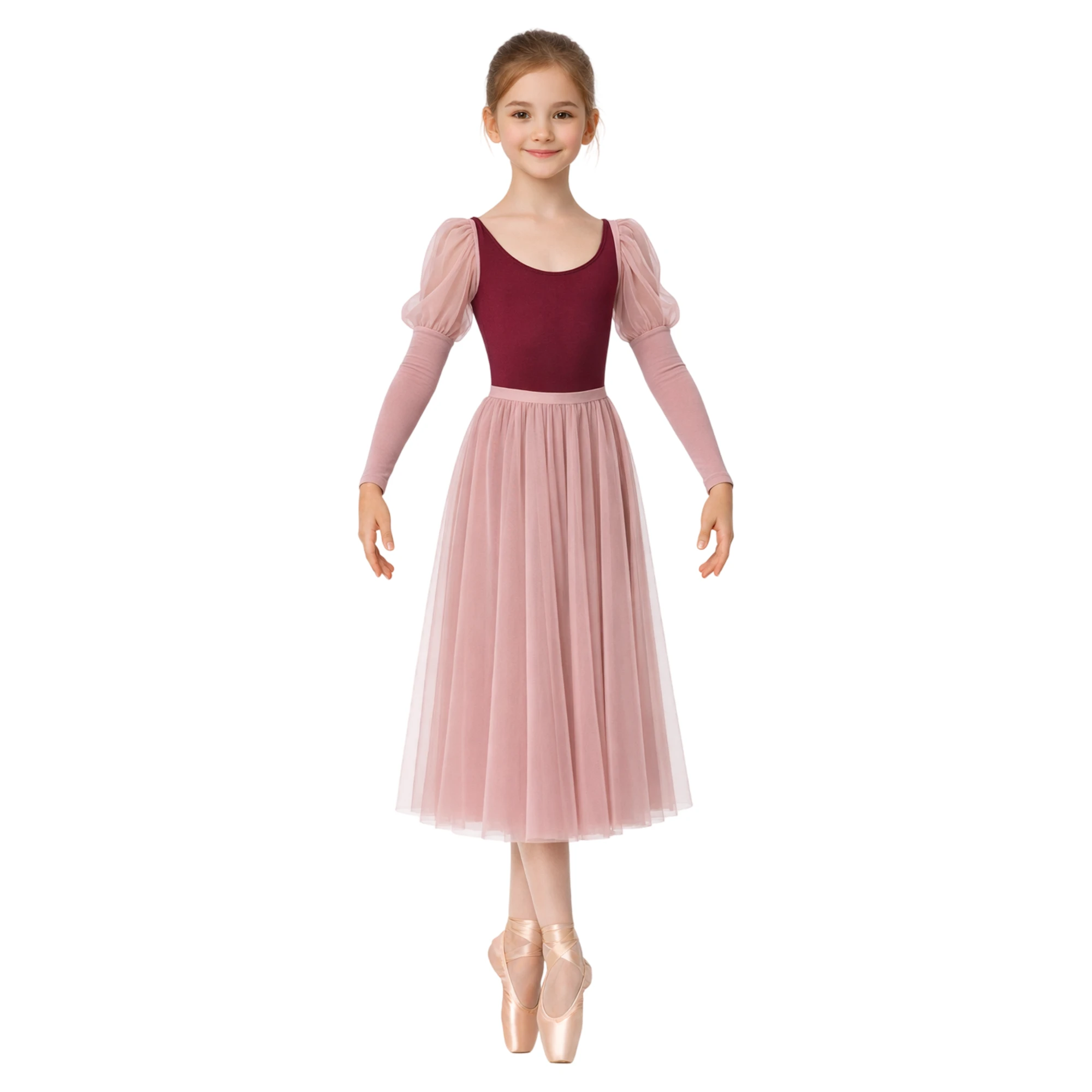 Abito da Danza con Maniche a Volant e Gonna Ampia | ABS003 ABS003 – Bordeaux.Rosa Antico-Lycra