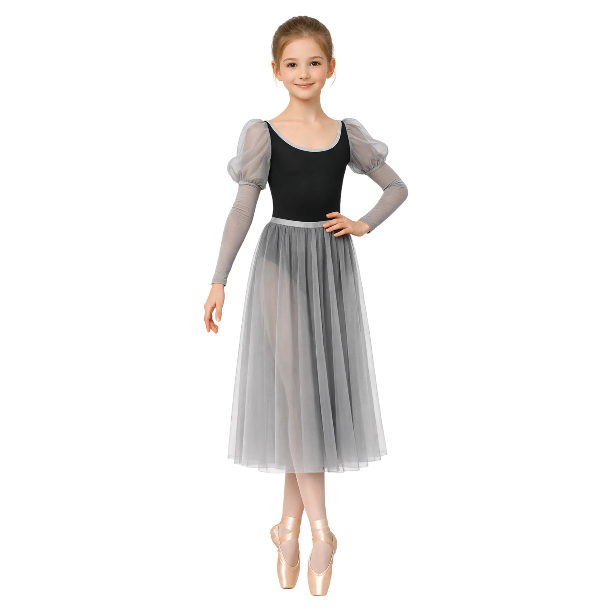 Abito da Danza con Maniche a Volant e Gonna Ampia | ABS003 ABS003 – Nero.Grigio Vapore-Lycra