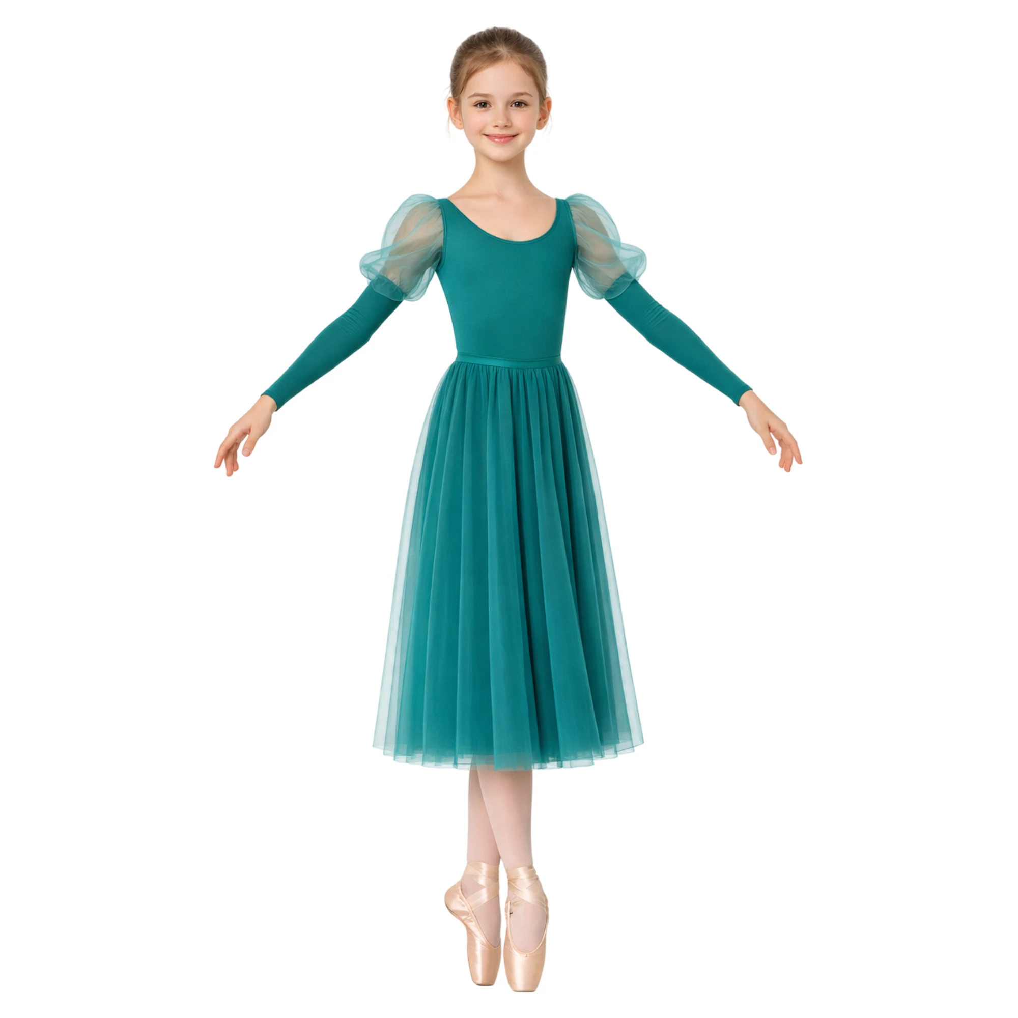 Abito da Danza con Maniche a Volant e Gonna Ampia | ABS003 ABS003 – Smeraldo.Verde Viridian-Lycra