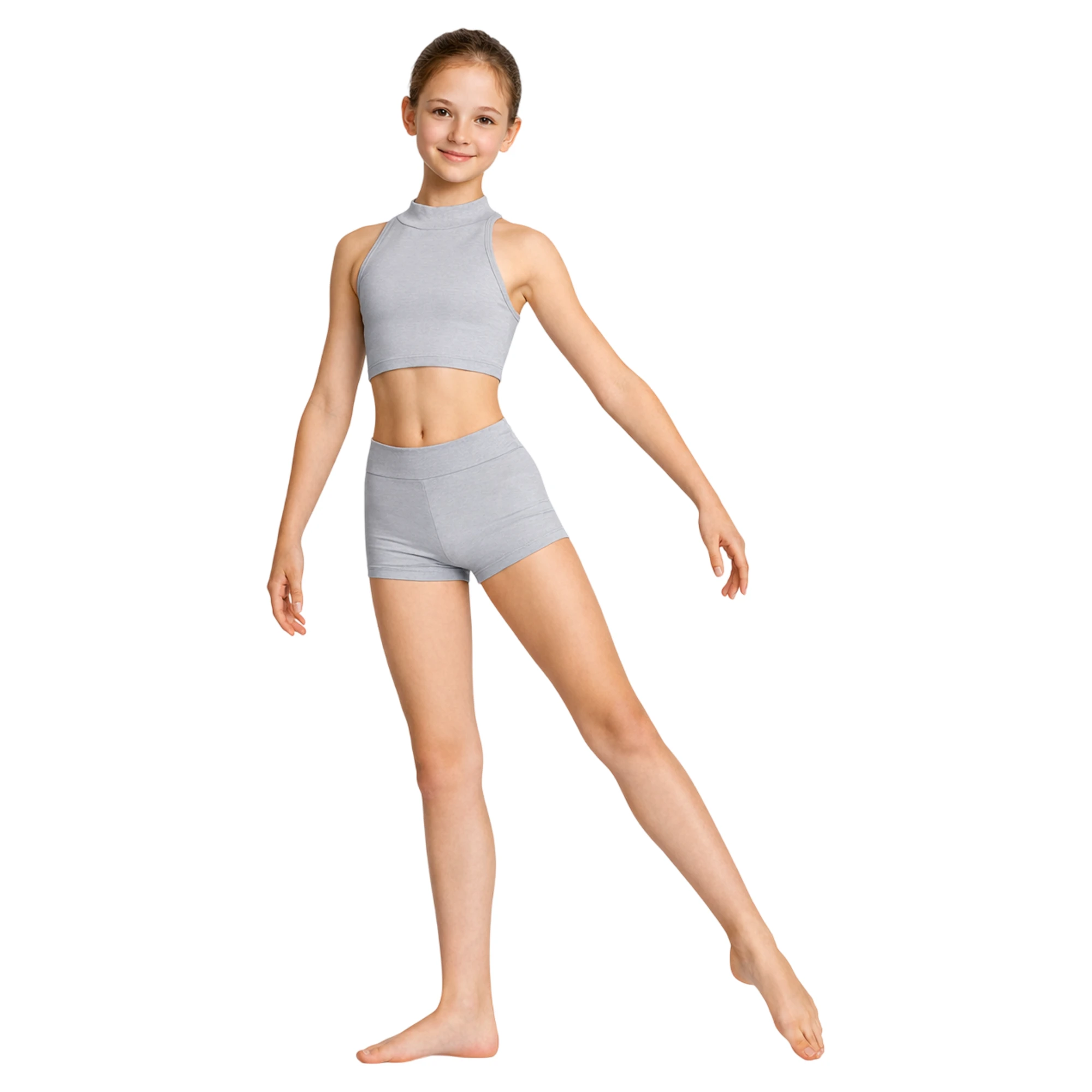 Top Corto con Collo Alto e Schiena Aperta – Grigio Vapore-Lycra – vista frontale