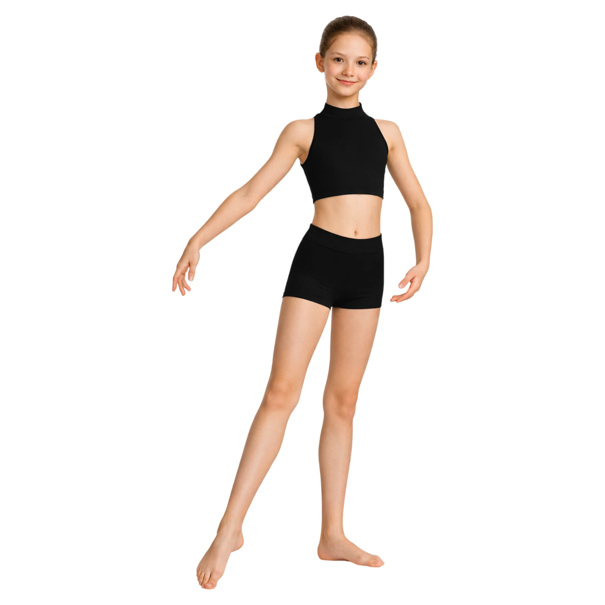 Top Corto con Collo Alto e Schiena Aperta – Nero-Lycra – vista frontale