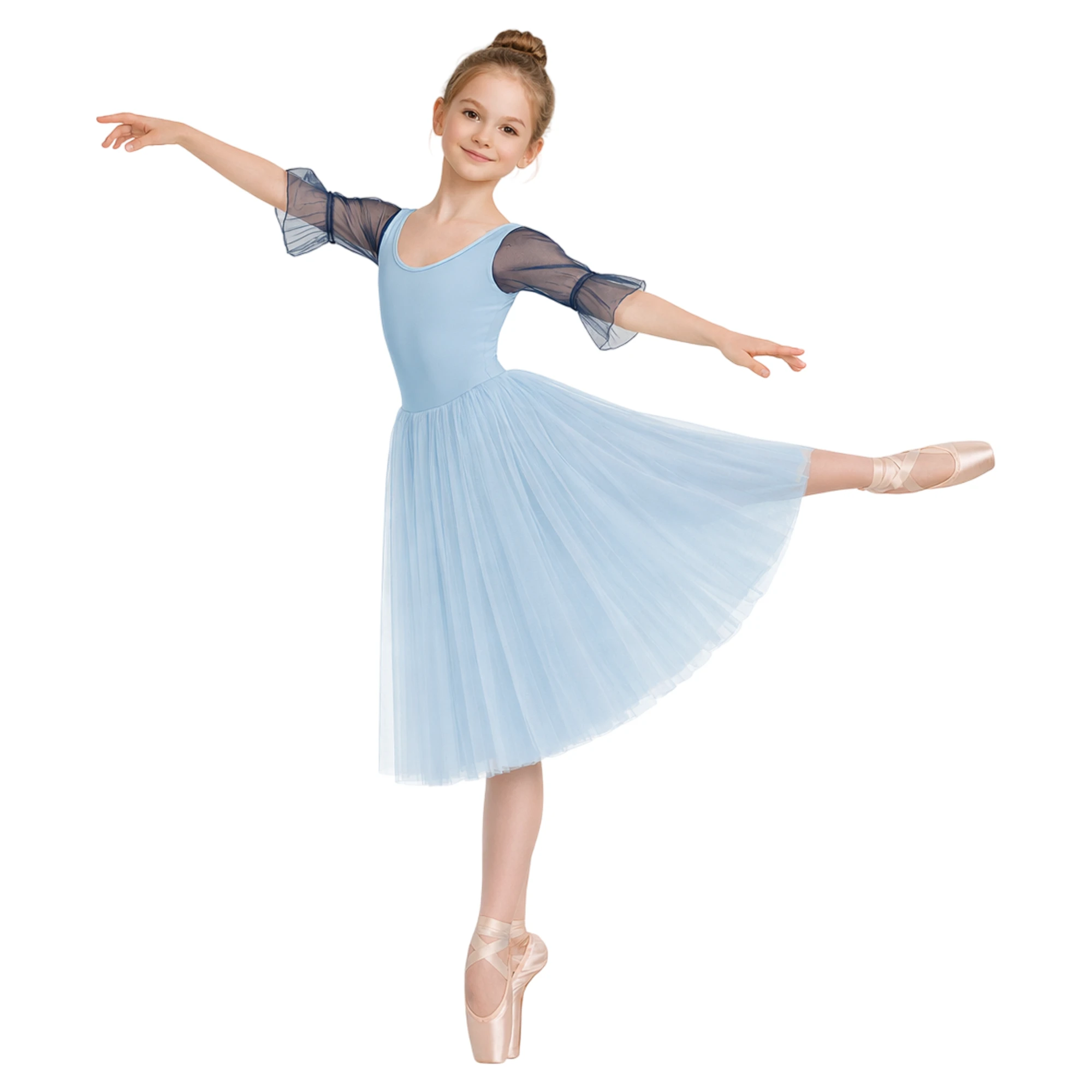 Tutù con Maniche Trasparenti e Cintura – Celeste.Blue Scuro-Lycra – vista frontale
