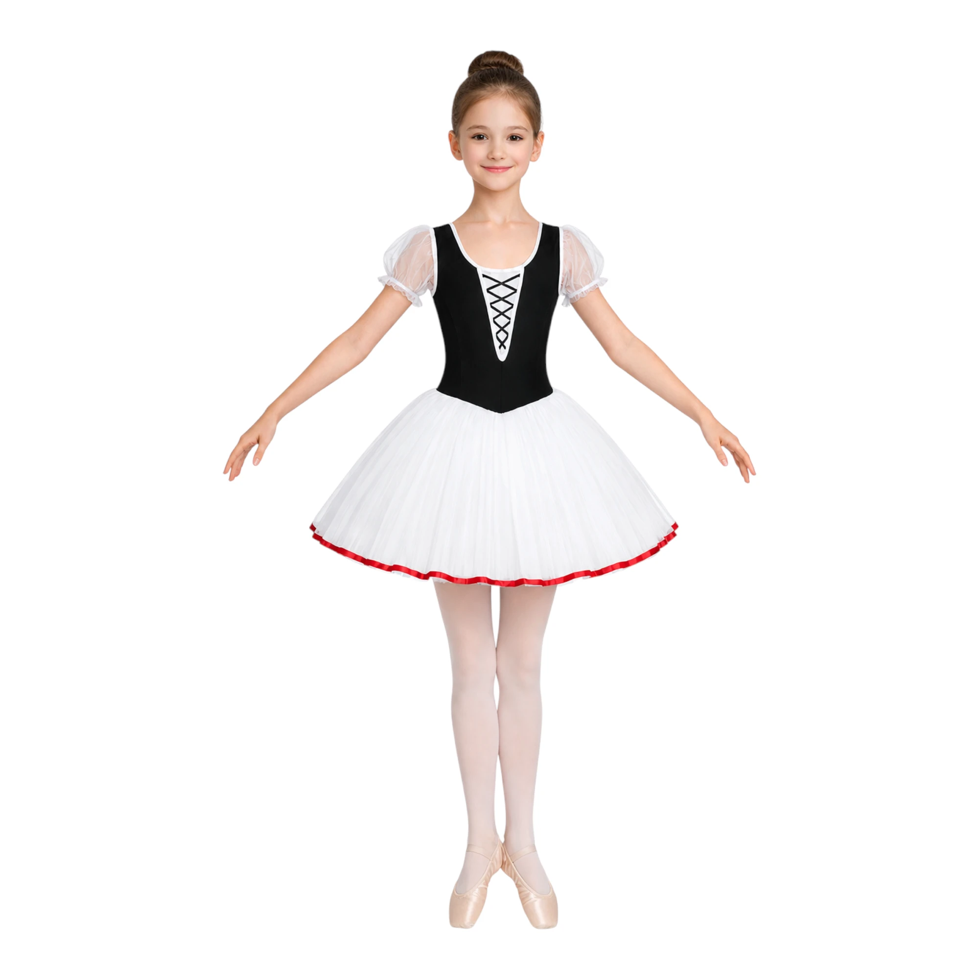 Tutù Corto con Corpino e Maniche in Tulle TUM020 – Nero.Bianco.Rosso-Lycra
