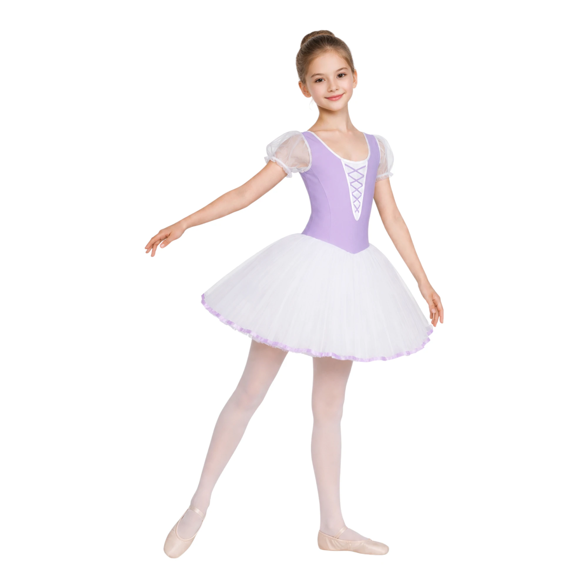 Tutù Corto con Corpino e Maniche in Tulle TUM020 – Wisteria.Bianco.Lilla-Lycra