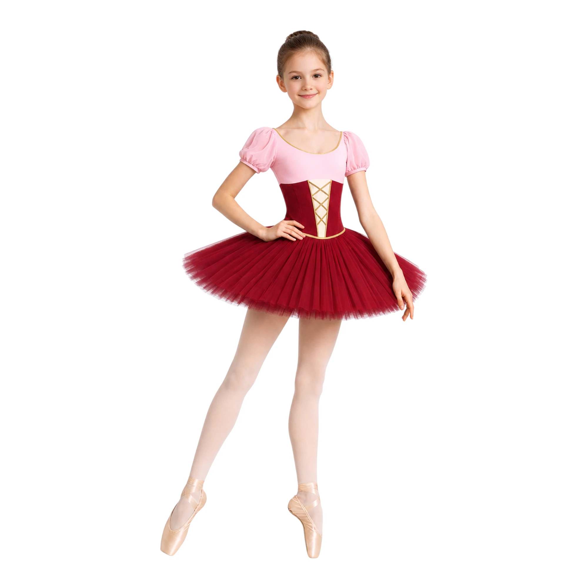 Tutù Corto con Corpino a V e Gonna in Tulle TUM010 – Rosa Confetto.Bordeaux-Lycra