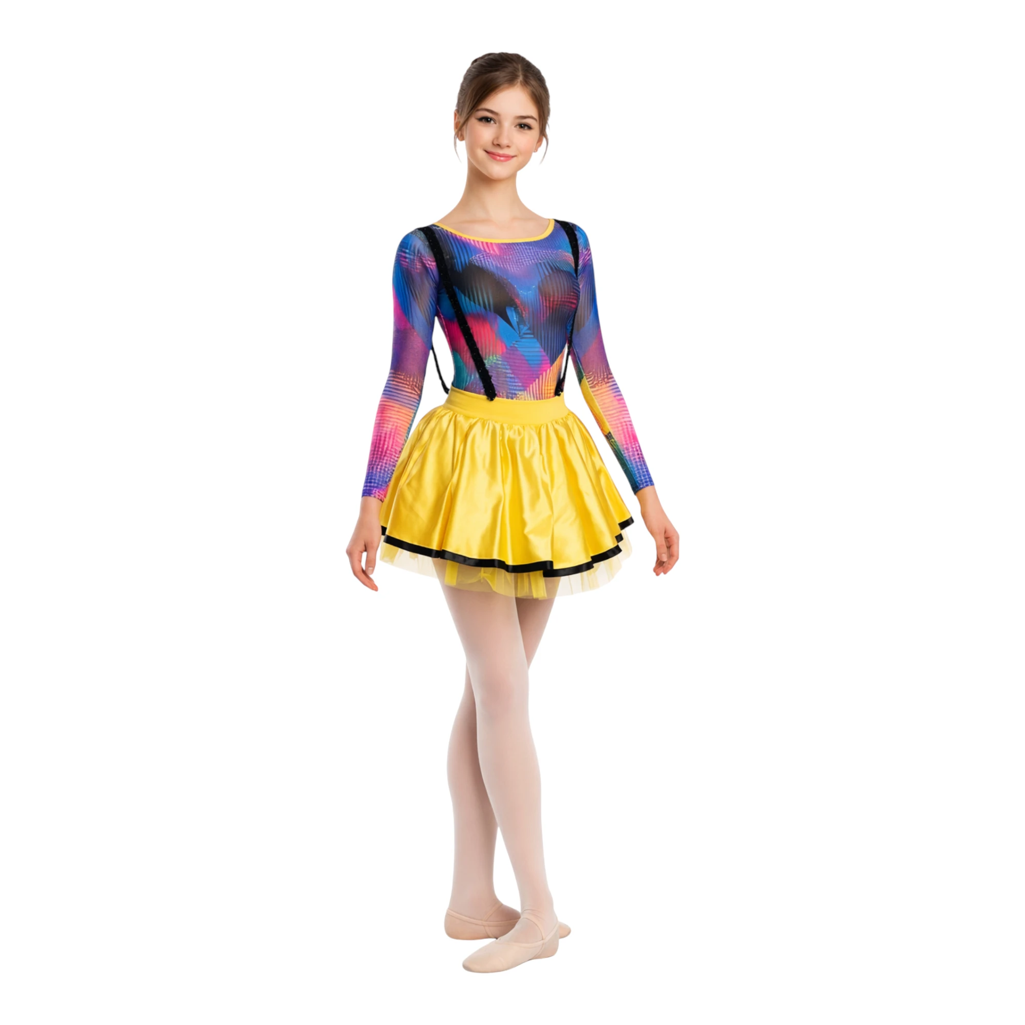 Tutù per danza con bretelle in paillettes e copritulle in raso – MAG06 – vista frontale