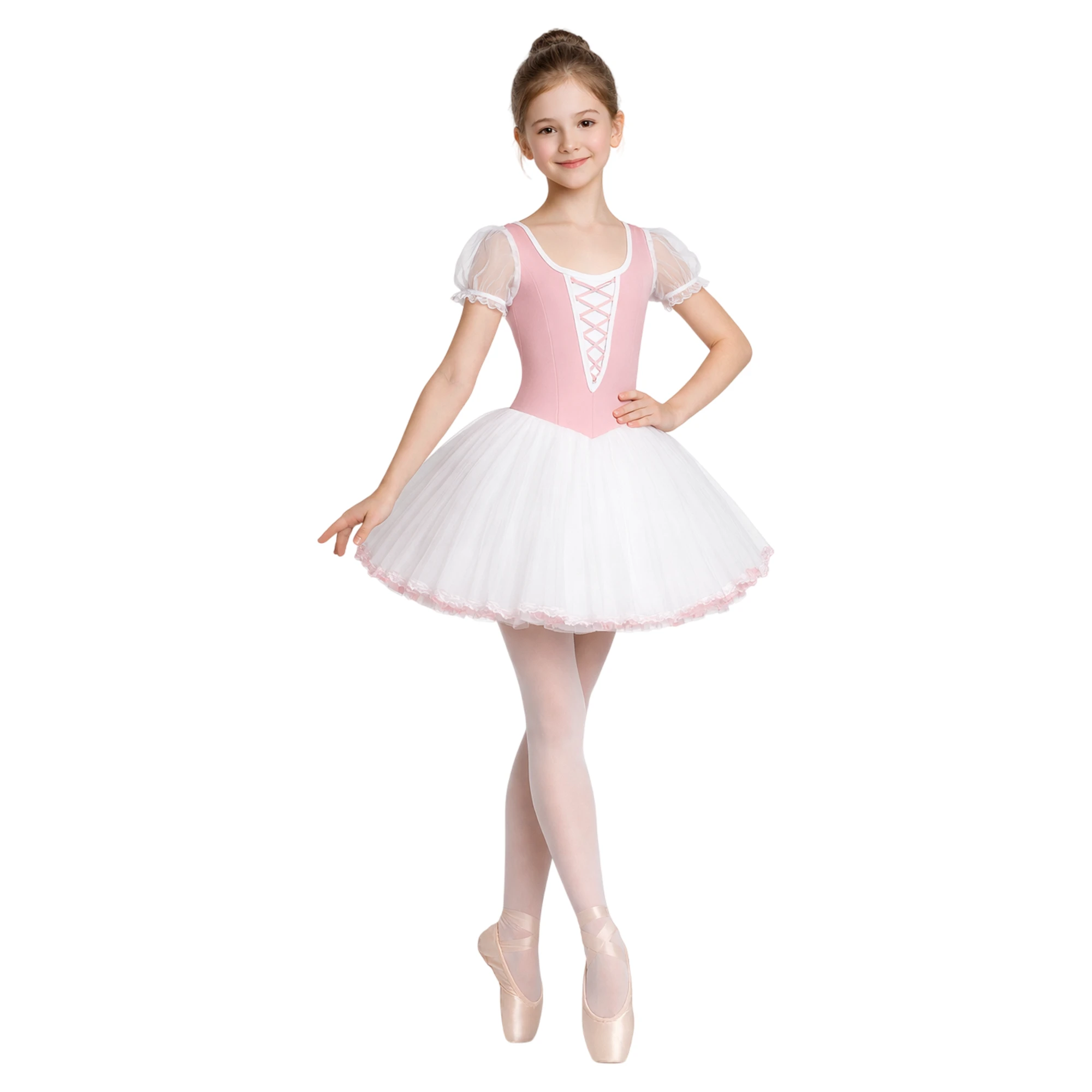 Tutù Corto con Corpino e Maniche in Tulle TUM020 – Rosa Antico.Bianco.Rosa Confetto-Lycra